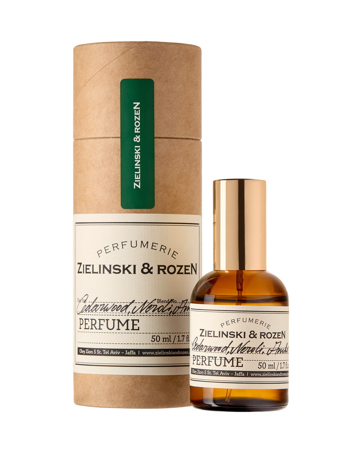 Zielinski & Rozen Perfume Cedarwood, Neroli, Amber 50 ml mit Verpackung auf weißem Hintergrund